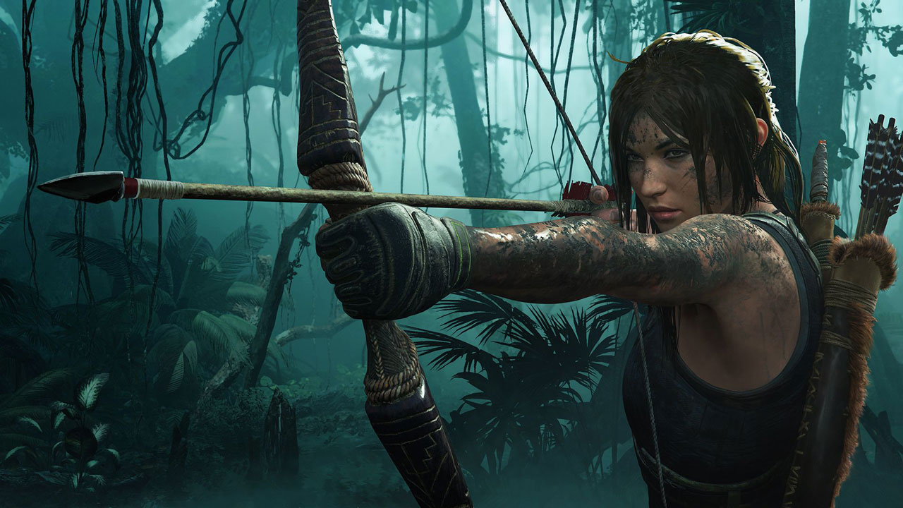  Lara pulling the bow, ready to fire an arrow 